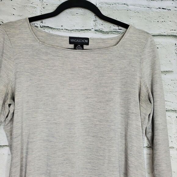 Magaschoni 3/4 Sleeve Silk Shirt Solid Gray Petite Medium casual square neck - Picture 3 of 6